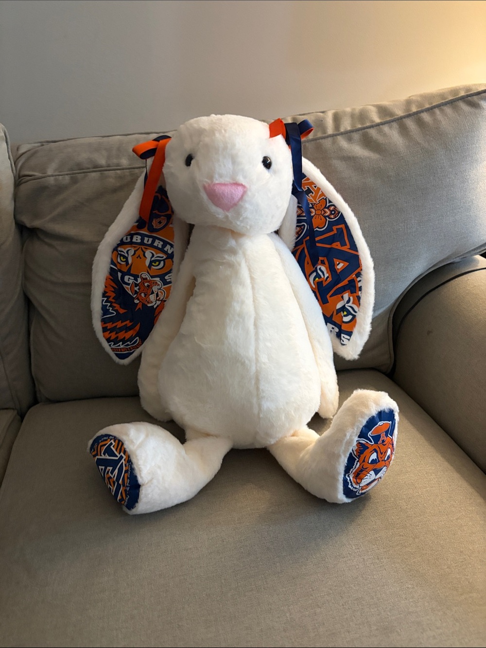 White Plush Bunny with Orange & Navy Auburn Accents